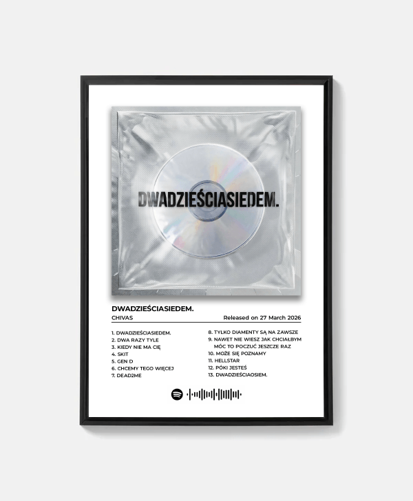 Plakat Chivas „DWADZIEŚCIASIEDEM” z grafiką czarno-białego logo whisky, nowoczesny i elegancki dekoracyjny plakat.