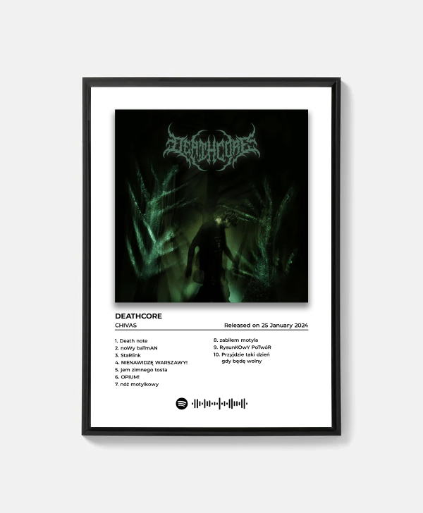 Plakat Chivas „DEATHCORE” z grafiką muzyczną, czarno-biały motyw, idealny do dekoracji ścian.