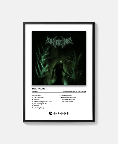 Plakat Chivas „DEATHCORE” z grafiką muzyczną, czarno-biały motyw, idealny do dekoracji ścian.