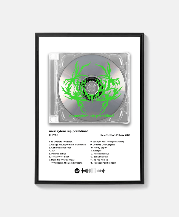 Plakat Chivas „nauczyłem się przeklinać” w stylowej czarnej ramie, idealny do dekoracji wnętrza.